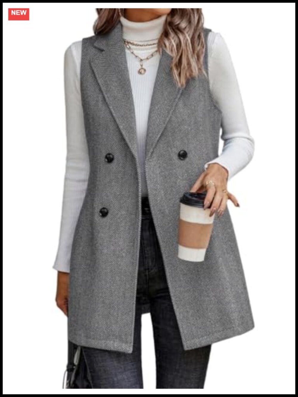 Womens Tweed Vest Sleeveless Long Double Breasted Blazer Jacket Outerwear